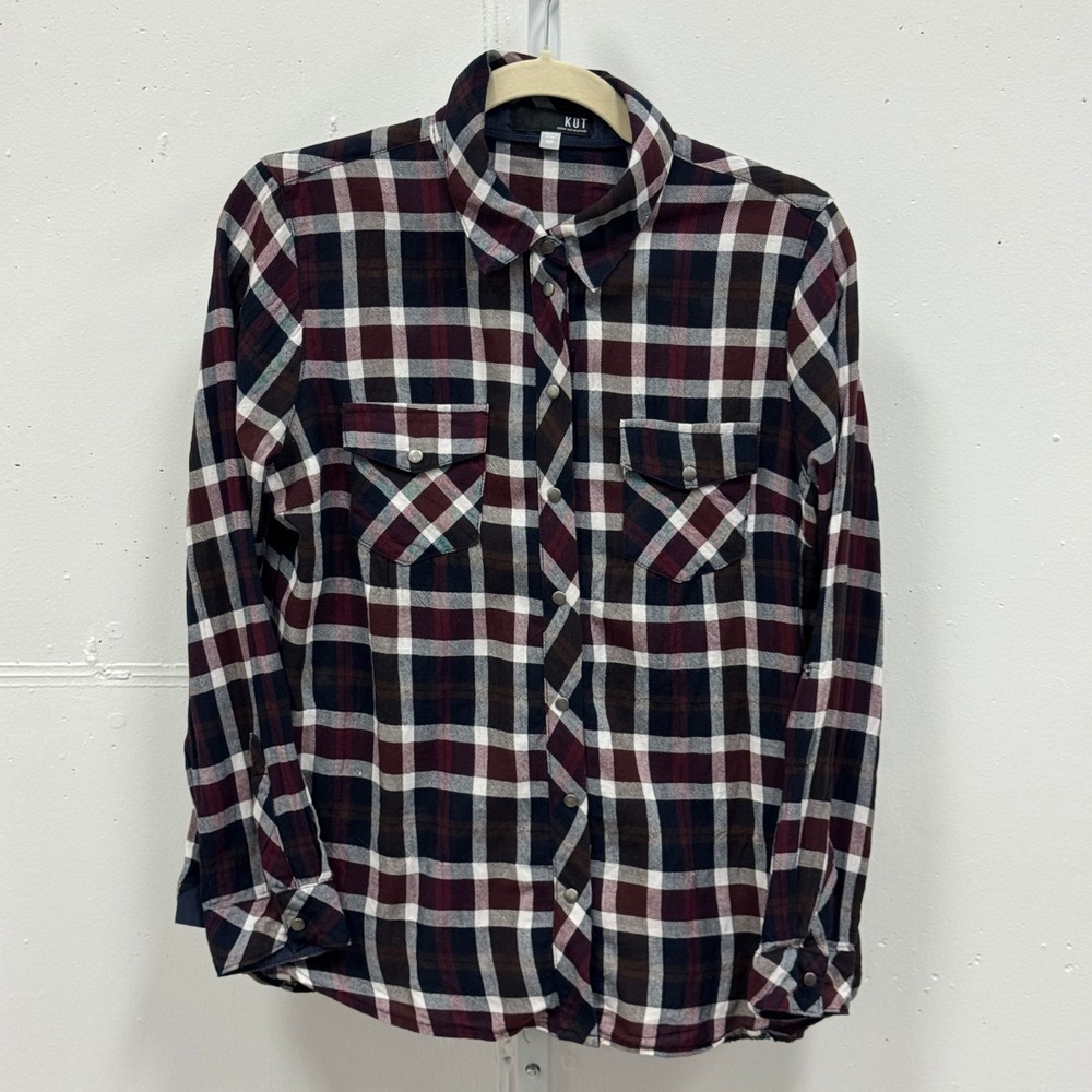 KUT from the Kloth Petite Plaid Snap Front Flannel Shirt Burgundy Lightweight M
